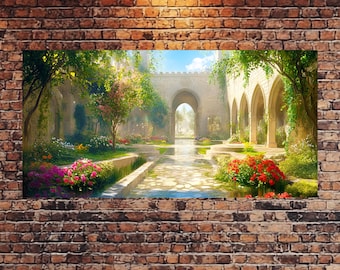 Enchanted Fairy Tale Castle Canvas Print, Medieval Flower Garden & Whimsical Wall Art, Fantasy Decor for Rustic, Unique Home Accent