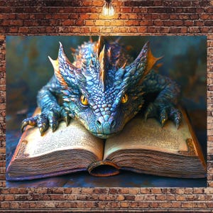 Canvas Print of an Adorable Baby Dragon Sleeping on an Open Spell Book - Magical Nursery Decor, Fantasy Wall Art Print