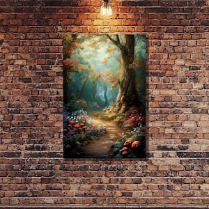 Enchanted Mushroom Forest Canvas Print, Whimsical Fantasy Wall Art, Woodland Path Decor, Mystical Colorful Flower & Mushroom Painting