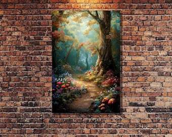 Impresión en lienzo de bosque de hongos encantados, arte de pared de fantasía caprichosa, decoración de caminos de bosque, pintura de flores y hongos místicos y coloridos
