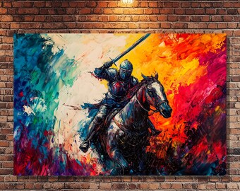Lienzo de caballero medieval montado: pintura abstracta de caballero a caballo, obra de arte de guerrero de fantasía, impresión de batalla épica, decoración del hogar de caballería