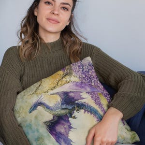Watercolor Dragon Square Pillow, Colorful Home Decor Accent, Faux Suede Dragon Cushion Unique Gift Idea Sofa Throw Pillow, Living Room Decor image 3