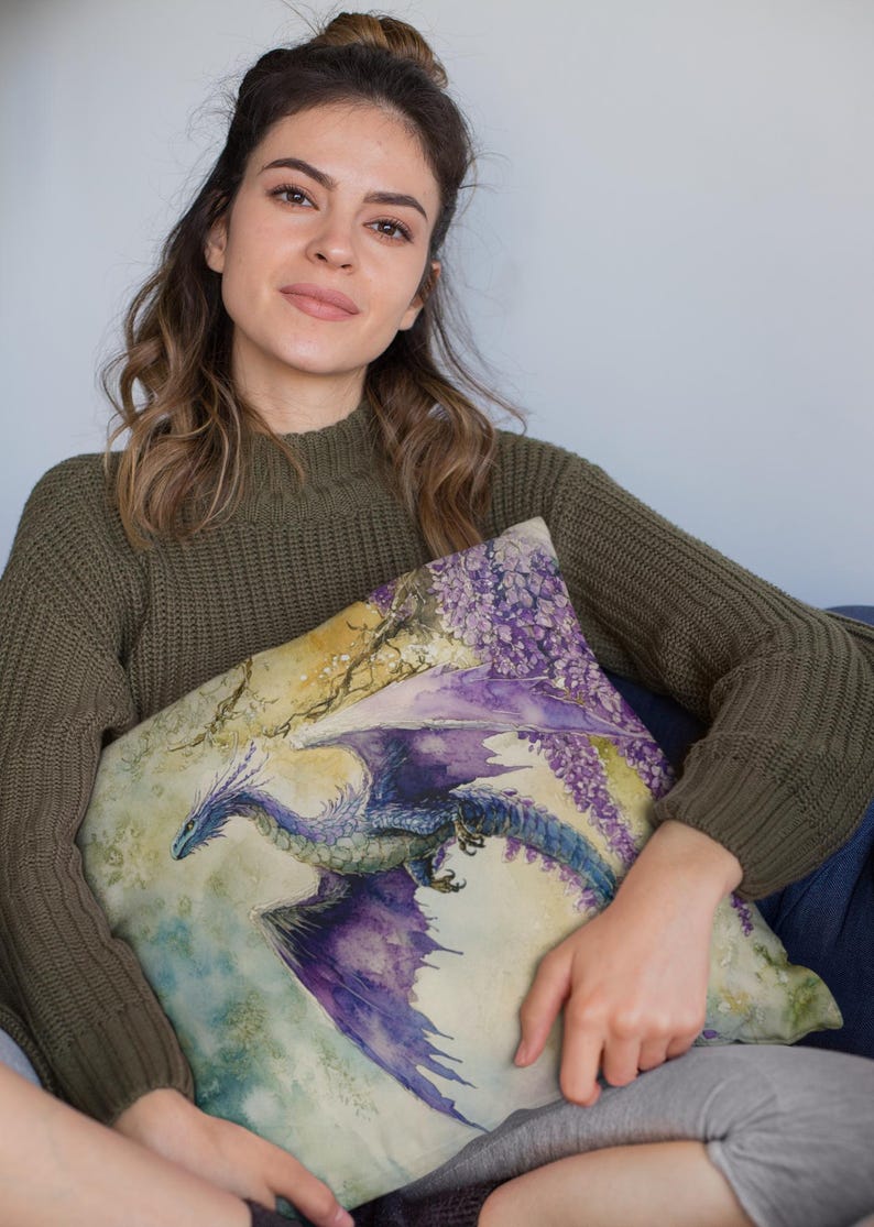 Watercolor Dragon Square Pillow, Colorful Home Decor Accent, Faux Suede Dragon Cushion Unique Gift Idea Sofa Throw Pillow, Living Room Decor image 3