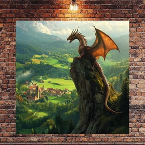 Dragon Art Print, Dragon Wall Prints, Fantasy Art Canvas, Red Dragon Medieval Village, Wall Canvas Print, Majestic Dragon Canvas Art