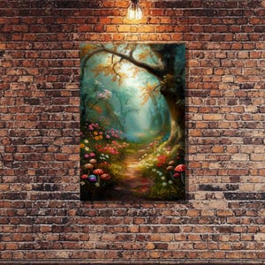 Magical Forest Canvas Print - Whimsical Fantasy Wall Art, Enchanted Woodland Decor, Vibrant Colorful Flower & Mushroom Path Painting