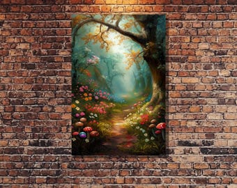 Magical Forest Canvas Print - Whimsical Fantasy Wall Art, Enchanted Woodland Decor, Vibrant Colorful Flower & Mushroom Path Painting