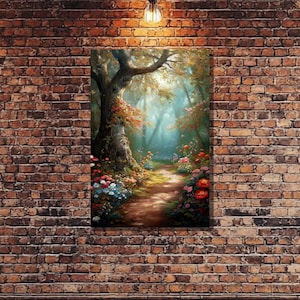 Enchanted Mushroom Forest Canvas Print - Whimsical Fantasy Wall Art, Mystical Woodland Decor, Vibrant Colorful Flower Path Painting