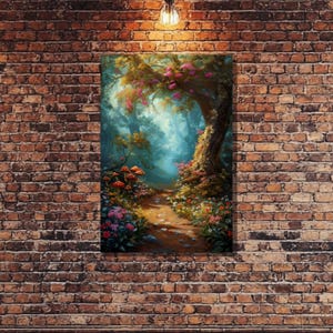 Mystical Forest Canvas Print - Whimsical Fantasy Wall Art, Enchanted Woodland Decor, Vibrant Colorful Flower & Mushroom Path Painting