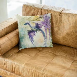 Watercolor Dragon Square Pillow, Colorful Home Decor Accent, Faux Suede Dragon Cushion Unique Gift Idea Sofa Throw Pillow, Living Room Decor image 6
