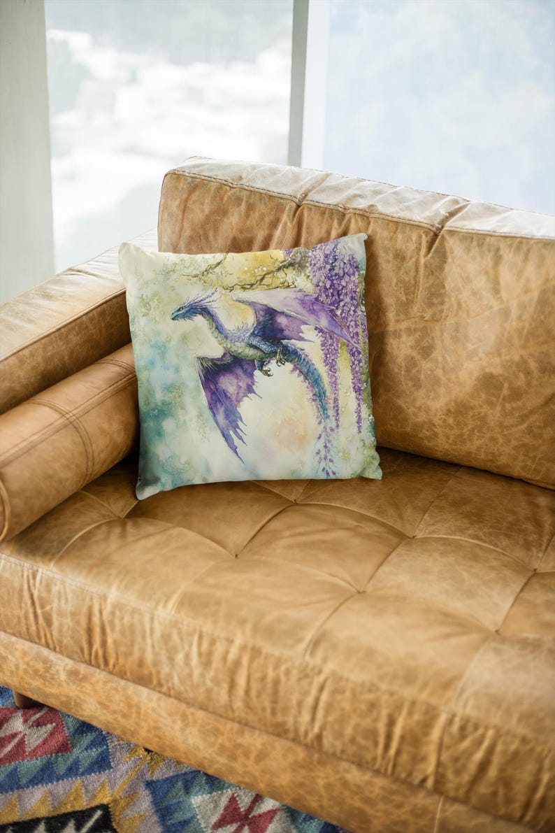 Watercolor Dragon Square Pillow, Colorful Home Decor Accent, Faux Suede Dragon Cushion Unique Gift Idea Sofa Throw Pillow, Living Room Decor image 6