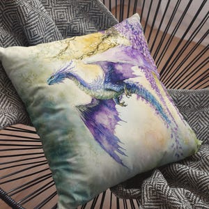 Watercolor Dragon Square Pillow, Colorful Home Decor Accent, Faux Suede Dragon Cushion Unique Gift Idea Sofa Throw Pillow, Living Room Decor image 2