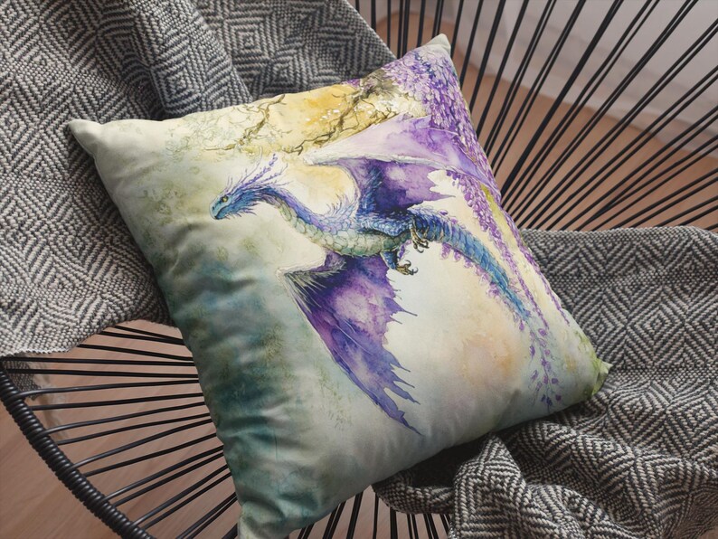 Watercolor Dragon Square Pillow, Colorful Home Decor Accent, Faux Suede Dragon Cushion Unique Gift Idea Sofa Throw Pillow, Living Room Decor image 2