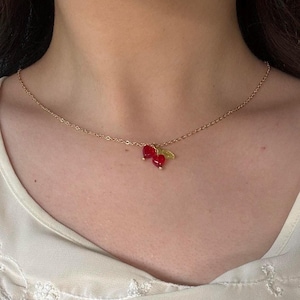 Gold Cherry Necklace - Cute Fruit Pendant - Dainty Summer Jewelry - Coquette Aesthetic Necklace - Handmade Gift for Her