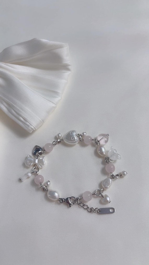 Coquette Pink Bracelet with Freshwater Pearls & Heart Charm | Beaded Stainless Steel Jewelry | Feminine Elegant Bracelet Gift for Her