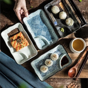 Japanese Ceramic Sushi Plate: Asian Snack Platter with Sauce Compartment