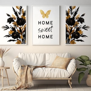 Black and Gold Floral Art Prints: Glam Home Decor (Digital Download)
