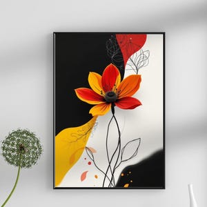 Modern Abstract Flower Wall Art Print – Bold Red Orange Floral Decor – Boho Digital Download