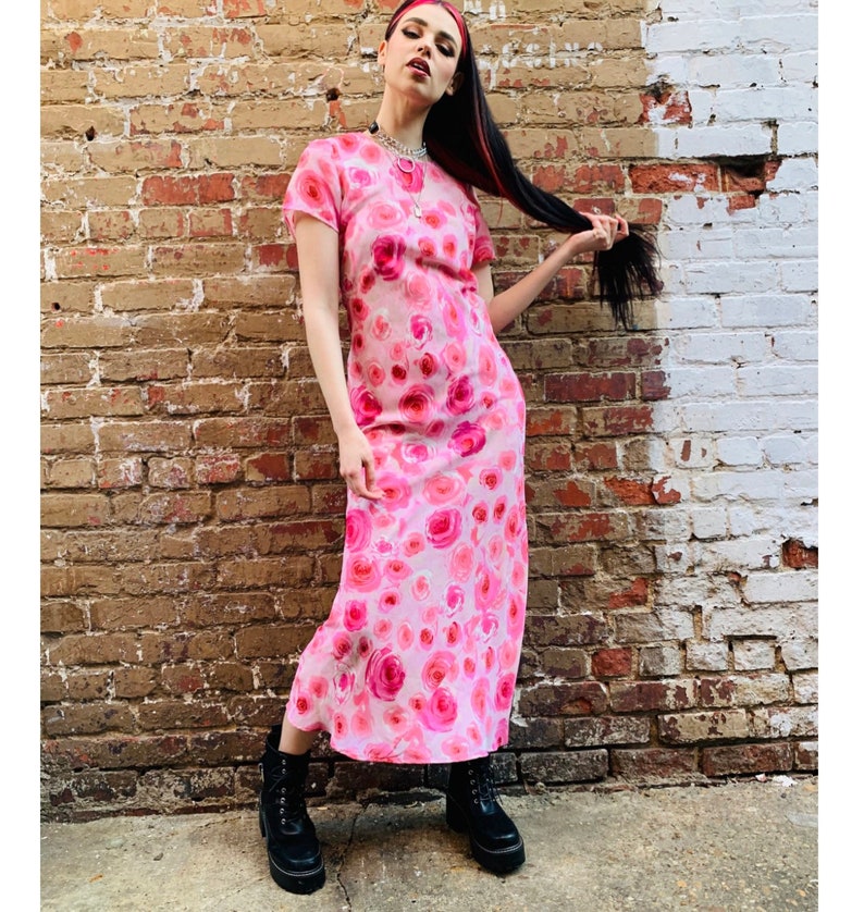 Vintage 90s Rose Floral Print Pink Maxi SMALL