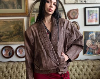 Vintage Express Textured Brown Leather Bomber Oversized Jacket Ladies Medium