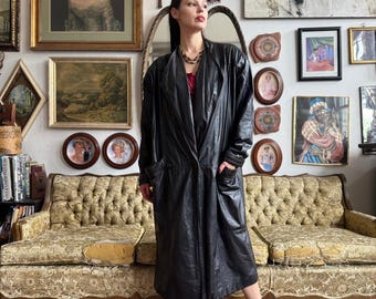 80s Black Leather Trench Coat Size 2XL AS IS