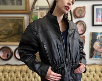 90s Vintage Cinched Waist Genuine Leather Jacket Size XL
