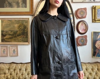 Vintage cuero genuino negro peacoat estilo chaqueta de cuero damas tamaño mediano