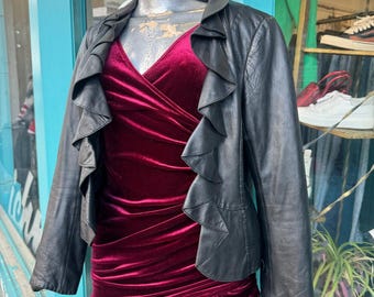 Y2K White House Black Market Black Genuine Leather Ruffle Jacket Size Small
