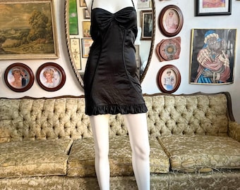 Y2k Black Bebe Halter Babydoll Bodycon Mini Dress w Ruffle Hem Size XS