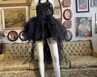 80s Black Tulle Hi-Lo Halter Dress Size S
