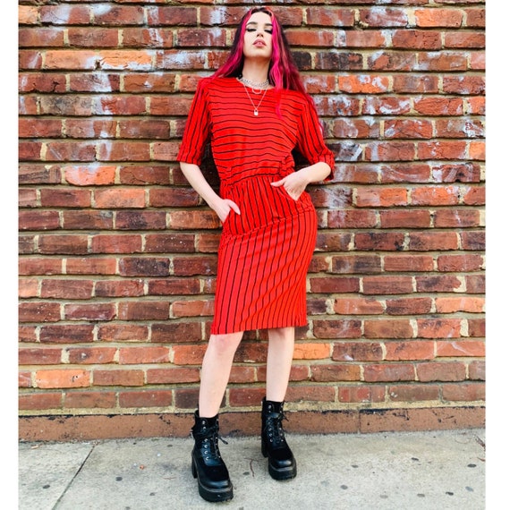 Vintage 80s Red Pinstriped Secretary Dress with Sh