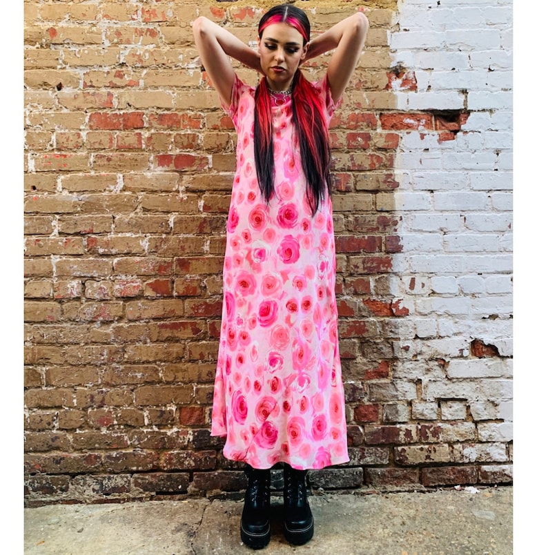 Vintage 90s Rose Floral Print Pink Maxi SMALL