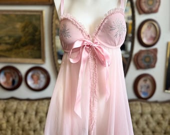 Y2K Victorias Secret Pink Mesh Ruffle Trim Sequined Tie Front Teddy Size 36D