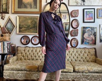 70s Vintage Striped Navy Bow Shift Dress Size Medium