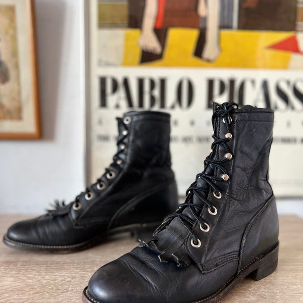 Vintage Leder Justin Boots mit 4 Loch Schnürung.Damen Größe 45 cm