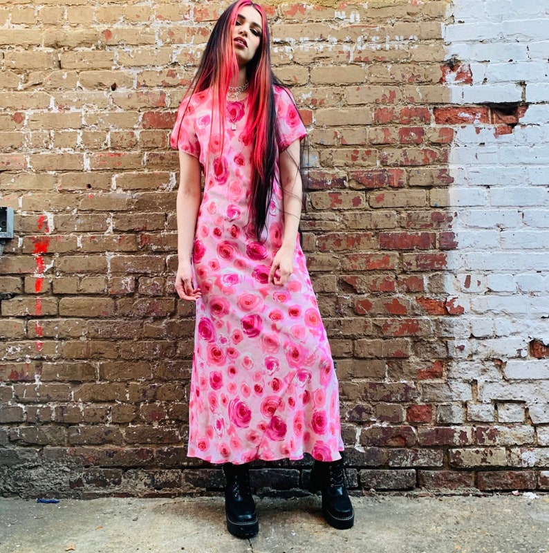 Vintage 90s Rose Floral Print Pink Maxi SMALL