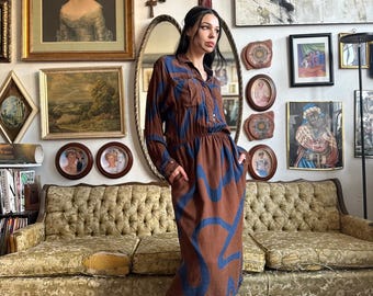 Vintage 80s Studio 1 Brown Blue Swirl Midi Dress Size M/L AS IS