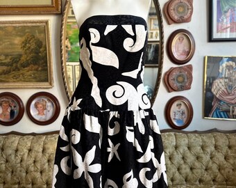 80s Silk Ocean Print Strapless Drop Waist Mini Dress Size 6