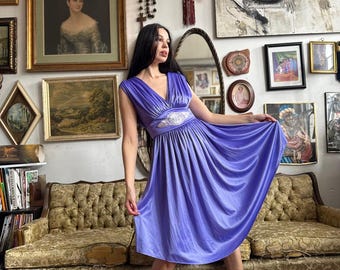 80s Vintage Purple Beaded Draped Dress Size Medium