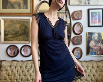 Y2k No Boundaries Floral Navy Babydoll Dress w/ Black Sheer Overlay Size Medium