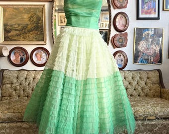 Vintage 50s Green Tulle Tiered Ruffle Bustier Dress Size Small