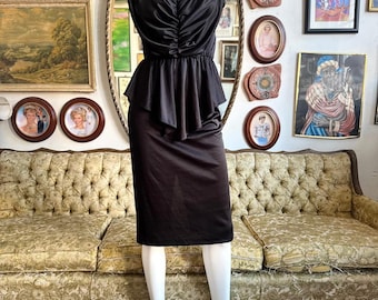 80s Black Peplum Midi Dress Size XS/S