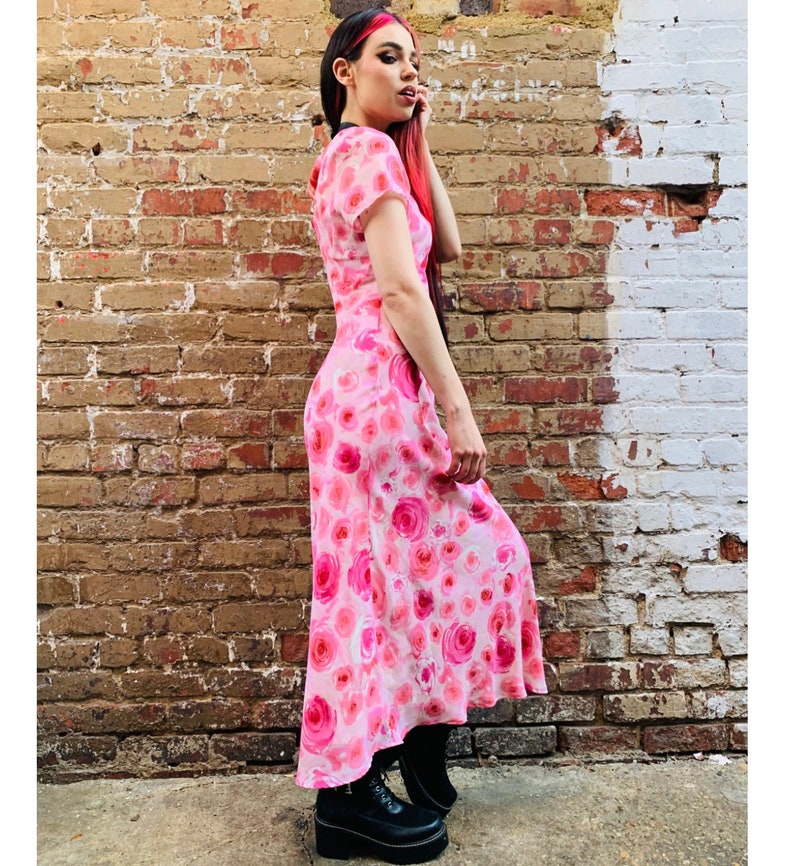 Vintage 90s Rose Floral Print Pink Maxi SMALL