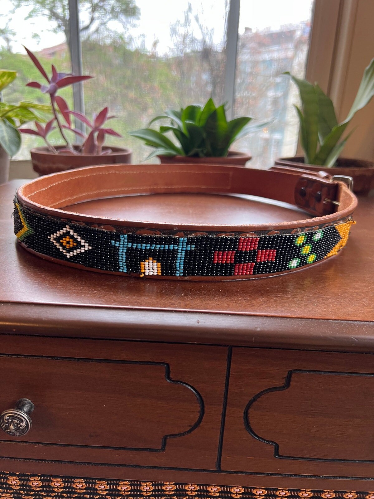 Vintage Leather and Bead Native American Style Belt Size 34‎ Vintage Wide Native American Seed Bead Belt & Buckle Free  main image 4