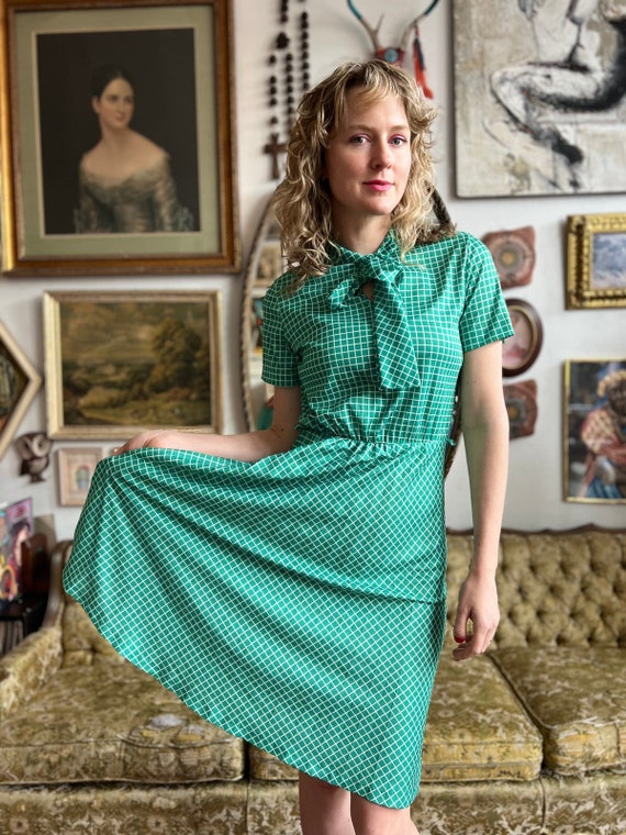 70s Vintage Green Secretary Grid Print Dress with… - image 7