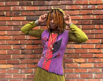 Y2K Patchwork Embroidered Hooded Dress Size Small