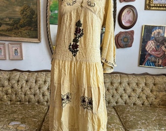 Vintage Butter Yellow Rayon Embroidered Dress OSFL