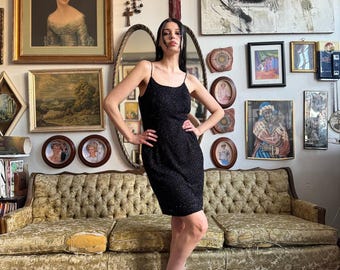 Cherry Cola Vintage 90s Marina Bresler Black Beaded Mini Dress Size 8