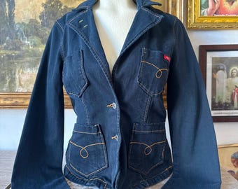 Y2K Dark Denim Low Neck Front Botton Blazer Jacket Ladies Size Ladies 38/Medium