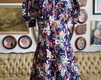 70s Vintage Floral Bouquet Puff Sleeve Button Up Dress Size Large
