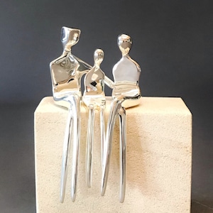 Silver Plated Family of Three | Sculpture Mounted on Natural Stone | 25th wedding anniversary, 16th anniversary, 23rd silver plate